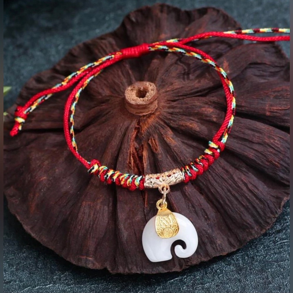 Asian Elephant Milky Snow Quartz Gold Ornate Red Double Band Thread Knot Bangle